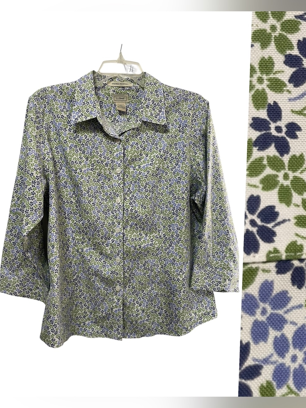 L.L. Bean wrinkle-resistant button shirt ditsy purple green travel work sz L